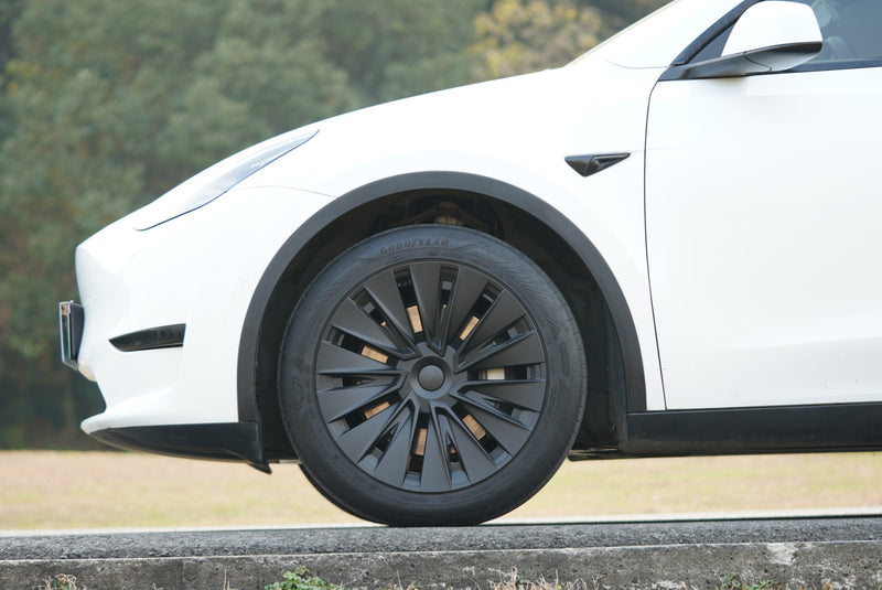 TYPHOON 19" Wheel Covers for Tesla Model Y (Matt Black) fitted to a Tesla Model Y Classic